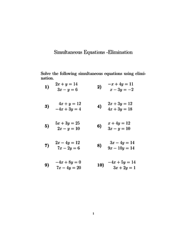 Simultaneous Equations Elimination Worksheet with Solutions Teaching Resources