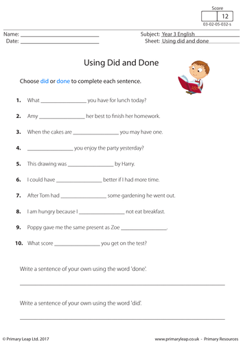 ks2 english worksheet using did and done teaching resources