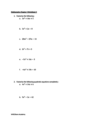 Factorising and Solving Quadratic Equations Worksheets Bundle (4