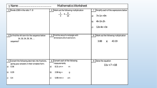 Weekly GCSE Mathematics Mini Test