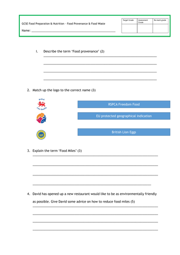 GCSE Food Prep - Food Provenance & Waste Assessment