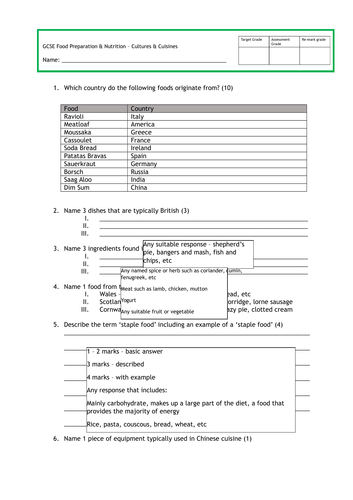 GCSE FOOD PREP - Cultures & Cuisines ASSESSMENT