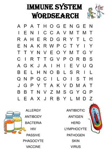 Biology Word Search: The immune system (Includes Solution)