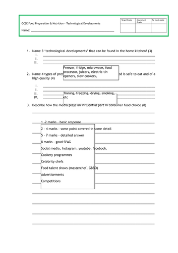 GCSE FOOD PREP - Technological Developments - ASSESSMENT