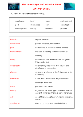 Blue Planet 2, Episode 7 Our Blue Planet - Activity Book and Answer