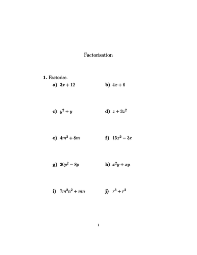 Factorisation worksheet (with solutions) | Teaching Resources