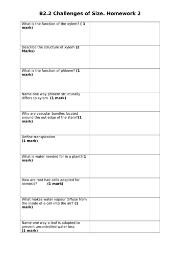 OCR B2.2 Challenges of size homework with answers/Revision resource