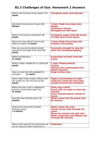 OCR B2.2 Challenges of size homework with answers/Revision resource