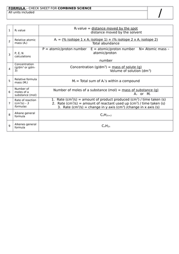 Edexcel 9-1 Chemistry FORMULAS and MINI TEST for SEPARATE/TRIPLE and ...