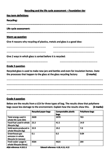 AQA GCSE new spec chemistry topic 10: recycling and life cycle assessment