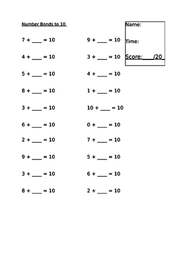 number bonds to 10 and 20 test sheet teaching resources