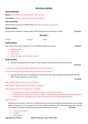 GCSE triple  chemistry AQA topic 10 worksheets: NPK fertilisers