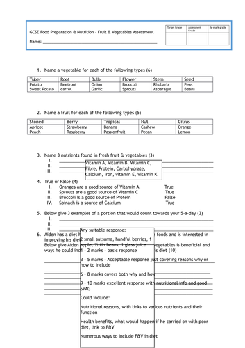 GCSE FOOD PREP - Fruit & Vegetables ASSESSMENT