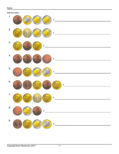 Euro Coins European Worksheets 500 Questions with answers Counting KS1 ...