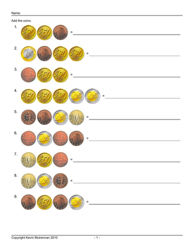 Euro Coins European Worksheets 500 Questions with answers Counting KS1 ...