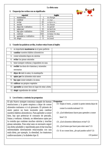 GCSE Spanish una dieta sana: healthy diet reading comprehension & key vocabulary