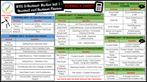 BTEC Level 3 Business: Unit 3 - Personal & Business Finance ALL THE FORMULAS SHEET!