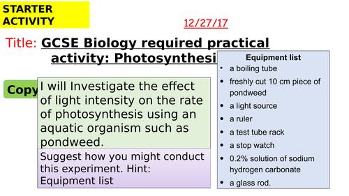 AQA new specification-REQUIRED PRACTICAL 6-Photosynthesis-B8.2