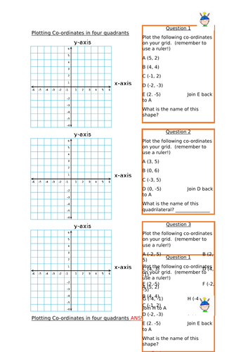 Plotting Coordinates In 4 Quadrants Worksheet With Answers Teaching Resources 8643