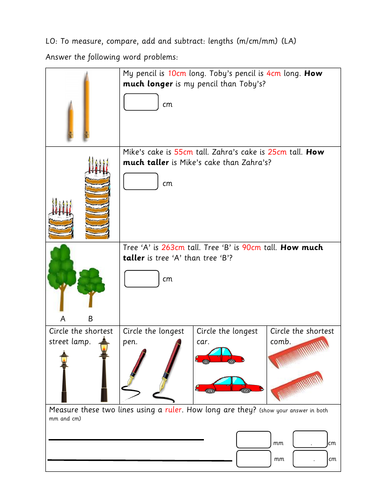 year 3 differentiated worksheets length teaching