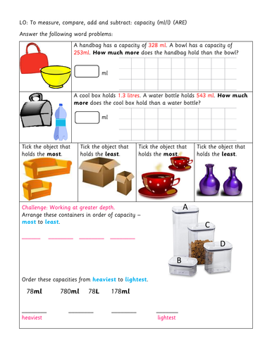 year 3 differentiated worksheets capacity teaching