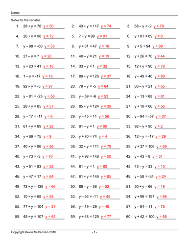 1000 questions Equations Single Variable Mathematics KS2 Algebra