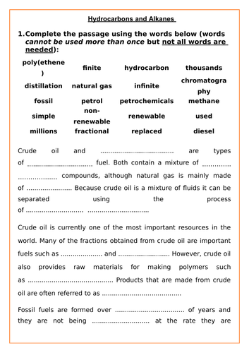 SC20a Hydrocarbons and Alkanes worksheet