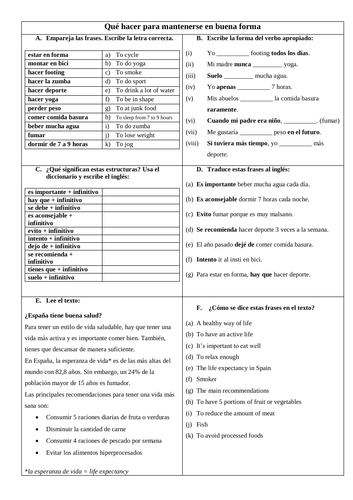 Spanish GCSE Healthy Living - la vida sana. Whole lesson resource: vocabulary, reading, writing