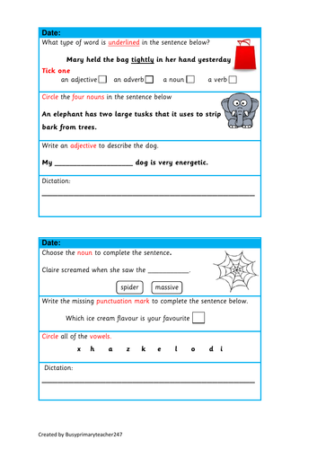 5 SPaG question strips with dictation sentence - year 3 and 4 (set 2)
