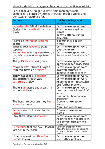 20 simple sentences to be dictated to pupils by the teacher - years 3 and 4