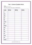 year 1 common exception words writing practice worksheet