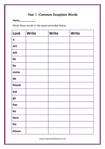 year 1 common exception words writing practice worksheet