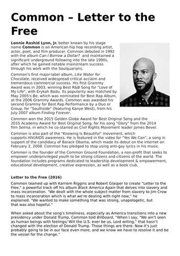 Common - Letter to the Free. AQA AS Media Studies Booklet