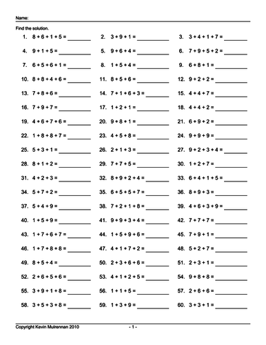 1000 Questions Addition Mathematics KS1 Adding Up