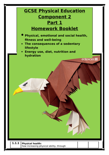 GCSE PE - Edexcel - Component 2 - Homework Booklet Part 1 - Diet/ Sedentary Lifestyle/Health