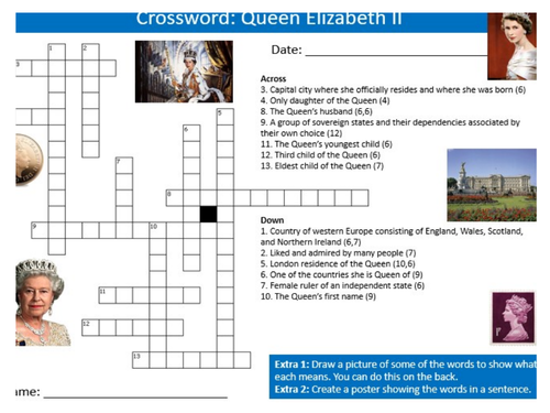Queen Elizabeth II Crossword Sheet Keywords KS3 Settler Starter