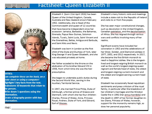 Queen Elizabeth II Factsheet Sheet Keywords KS3 Settler Starter ...