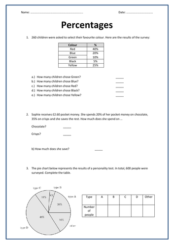 Percentages Worksheet