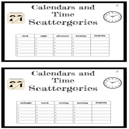 Calendars and Time Scattergories Game - ESL - ELL | Teaching Resources