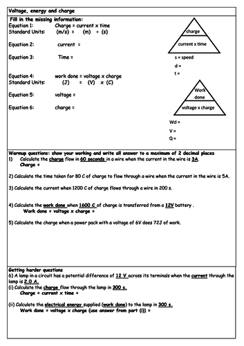GCSE Electricity Voltage, work done and charge worksheet with answers