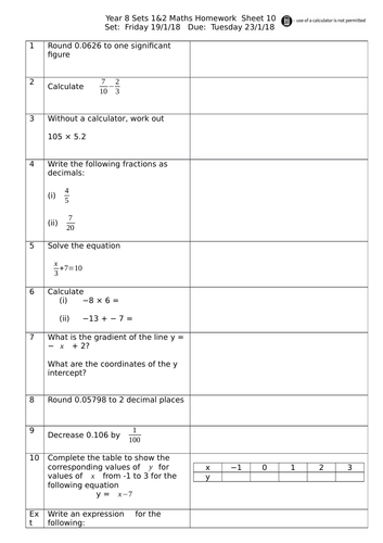 year 8 higher maths homework sheets teaching resources