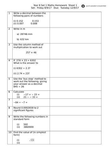 year 8 higher maths homework sheets teaching resources