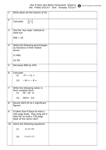 year 8 higher maths homework sheets teaching resources