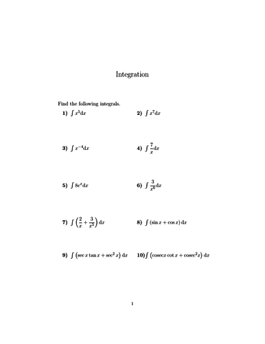 Integration worksheet (with solutions) | Teaching Resources