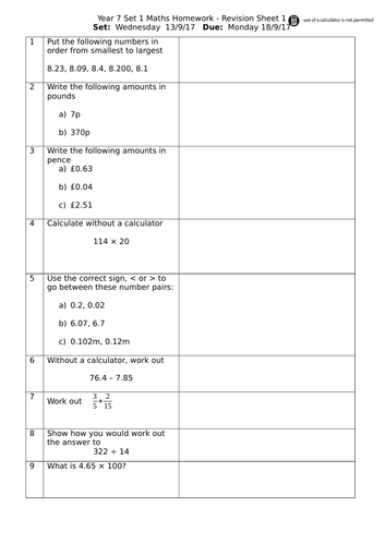 year 7 higher maths revision homework sheets teaching resources