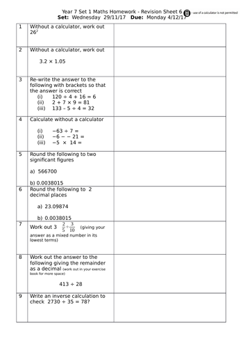 homework sheet year 7