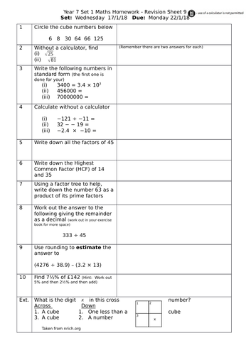 year 7 higher maths revision homework sheets teaching resources