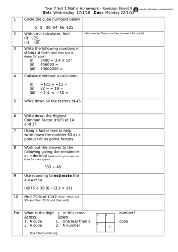 maths homework sheets year 7