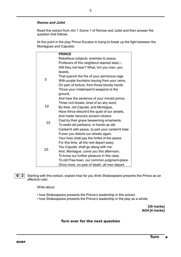Aqa English Literature Paper 1 Mock Romeo And Juliet Questions Teaching Resources
