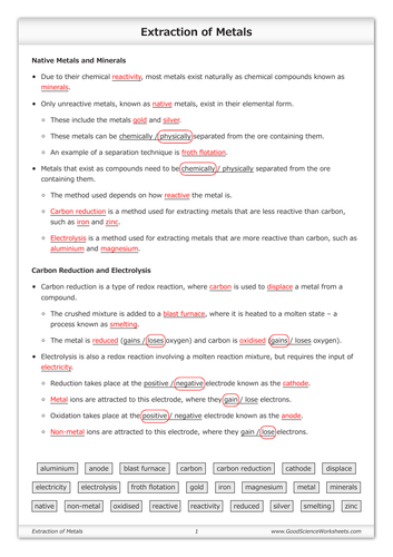 Extraction of Metals [Worksheet] | Teaching Resources